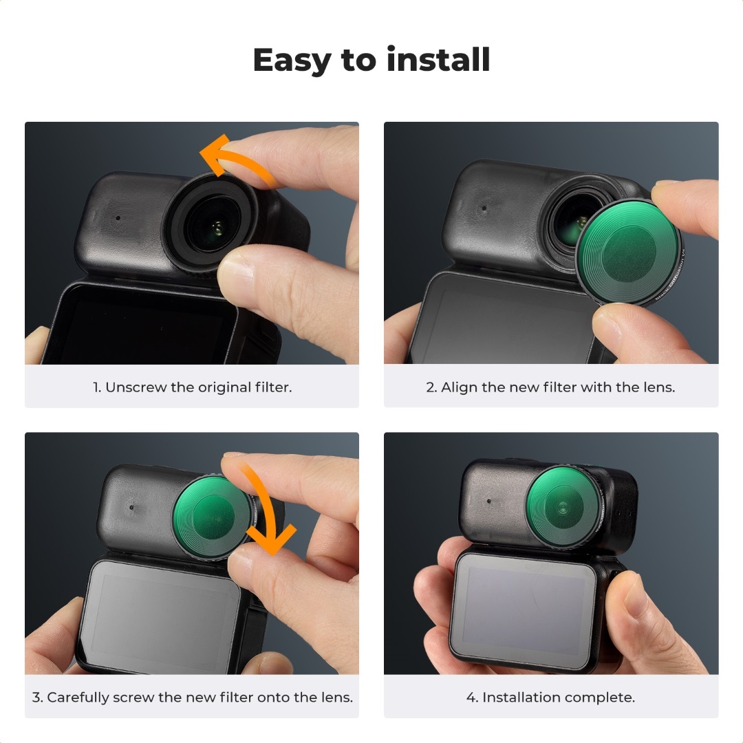 Close-up of K&F Concept Black Mist 1/4 filter mounted for DJI Osmo Nano