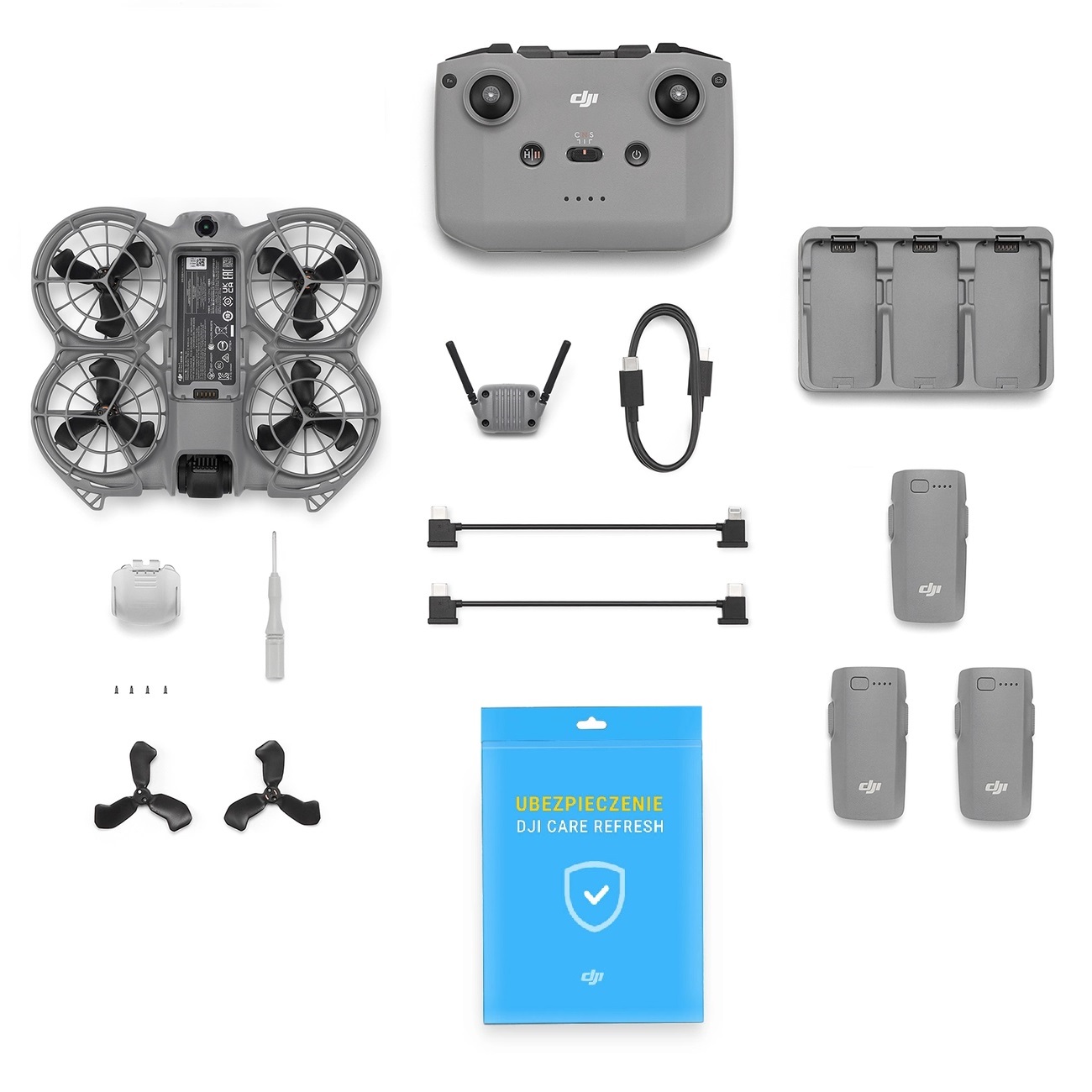 DJI Neo 2 Fly More Combo set contents with DJI Care