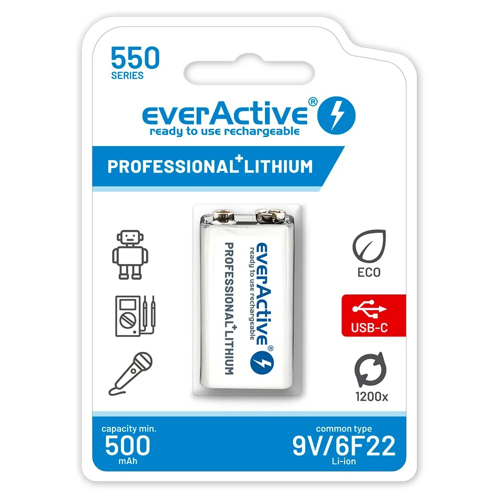 everActive 6F22 9V Li-ion rechargeable battery with USB-C