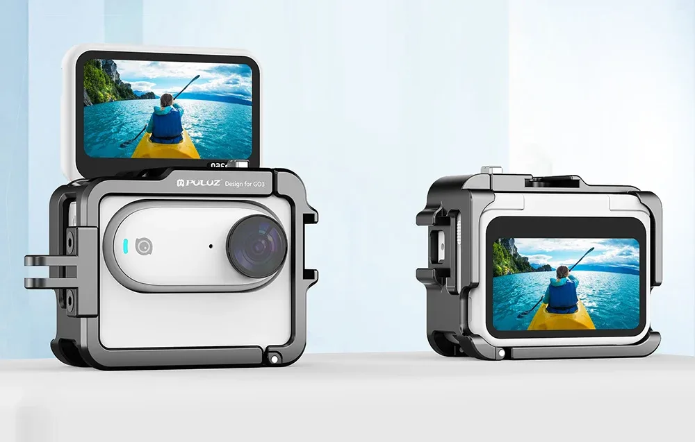 Close-up of the PULUZ aluminum camera cage for Insta360 GO 3 and GO 3S