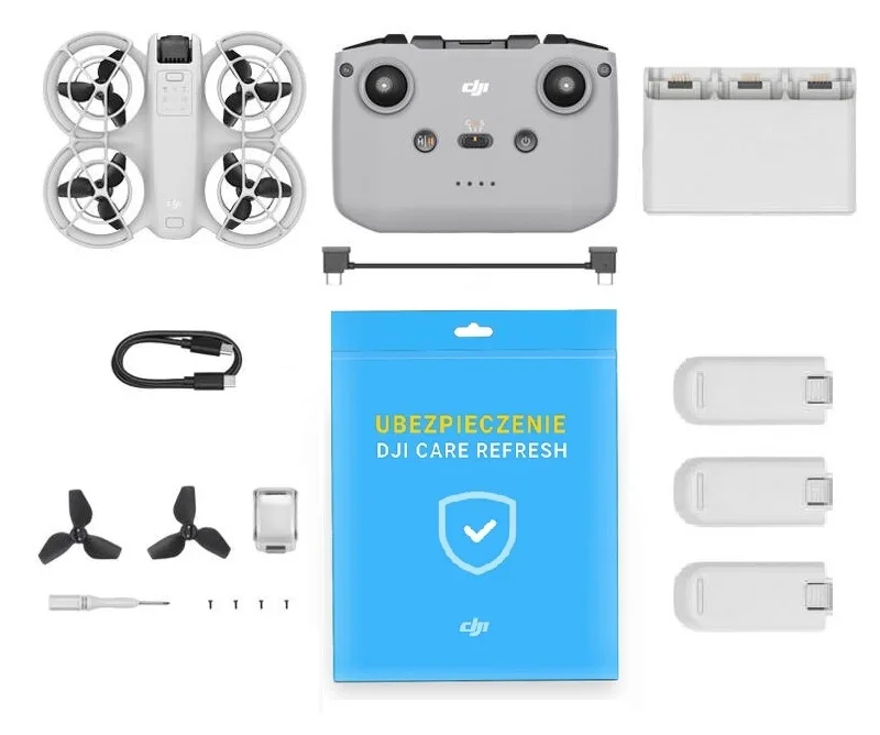 Pełny skład zestawu DJI Neo Fly More Combo z ubezpieczeniem CARE