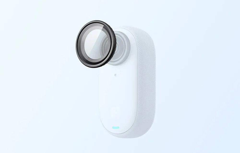 Close-up of Insta360 GO 3S lens guard installed on camera