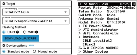 ExpressLRS Lua script interface on radio transmitter