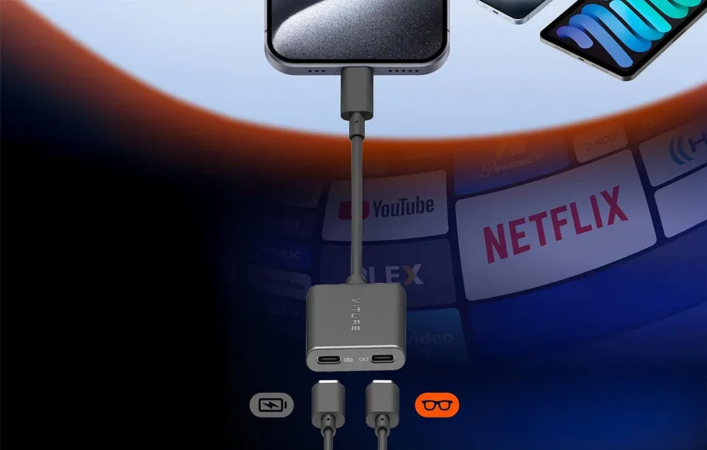 Compact VITURE Pro USB-C XR Adapter connected to iPhone