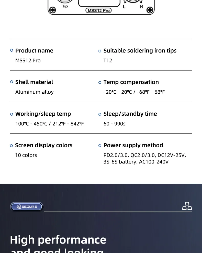 Inteligentna stacja lutownicza z regulacją stałej temperatury SEQURE MSS12 Pro z 4 grotami (T12-B2, T12- BC2, T12-ILS, T12-K)