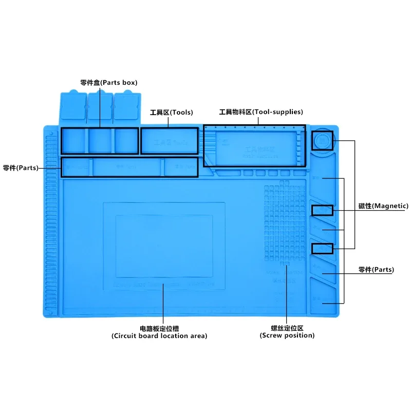 Mata silikonowa do lutowania, serwisowa z organizerami i magnesami (450×300x16mm niebieska)