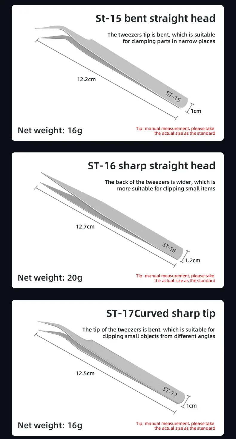 Durable stainless steel tweezer set for fine work