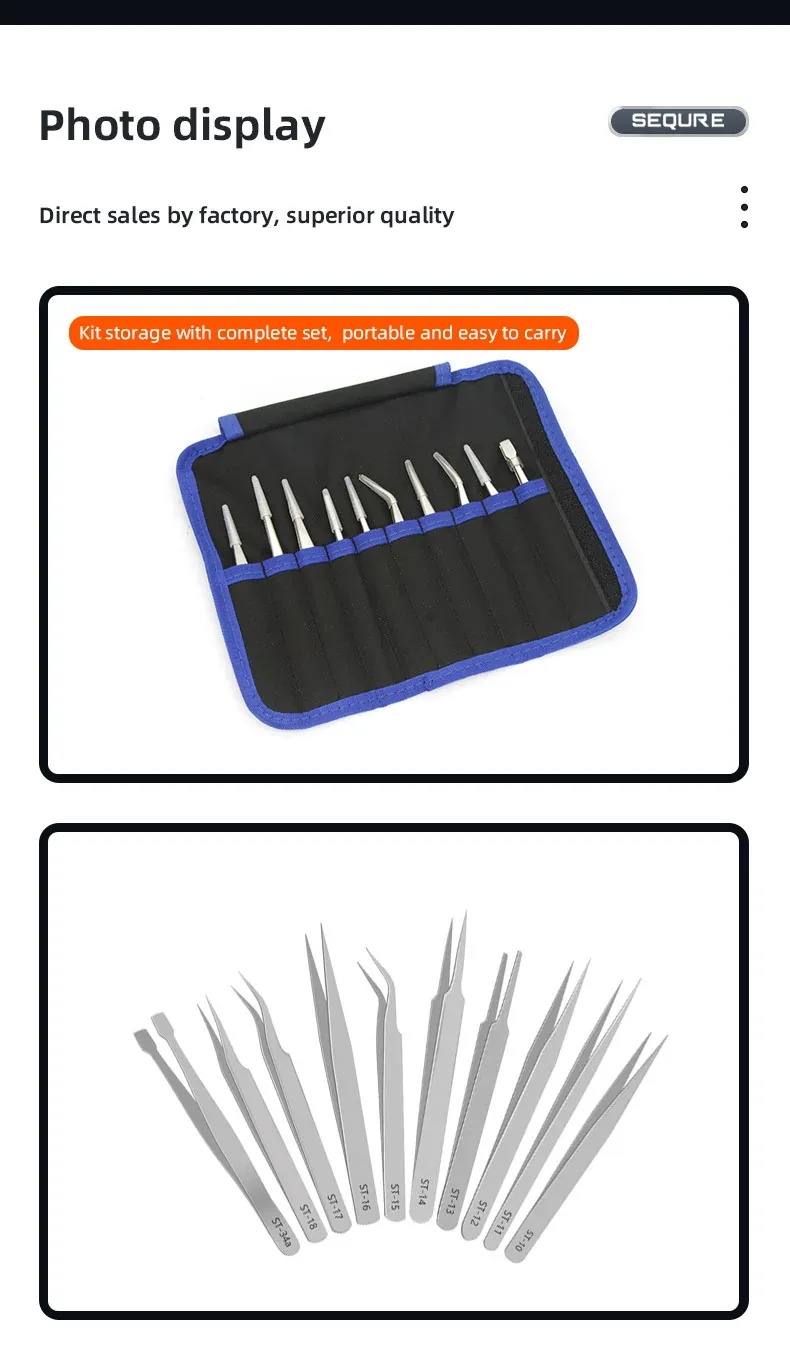 ST High Precision tweezer set packaging and dimensions