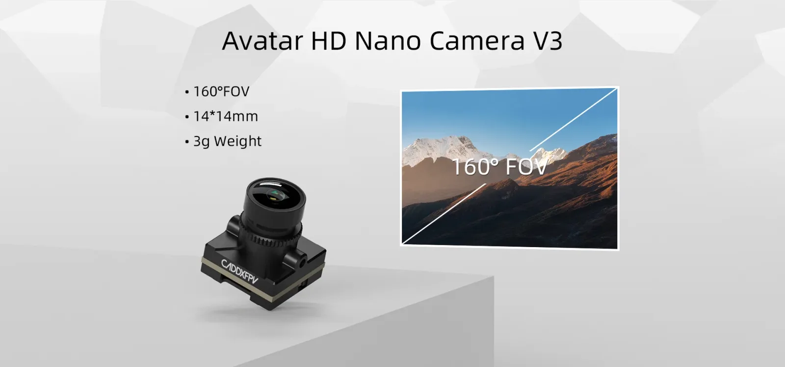 Nano camera V3 with dimensions of 14*14cm and a weight of only 3g, equipped with a 2.1mm lens and 160° FOV