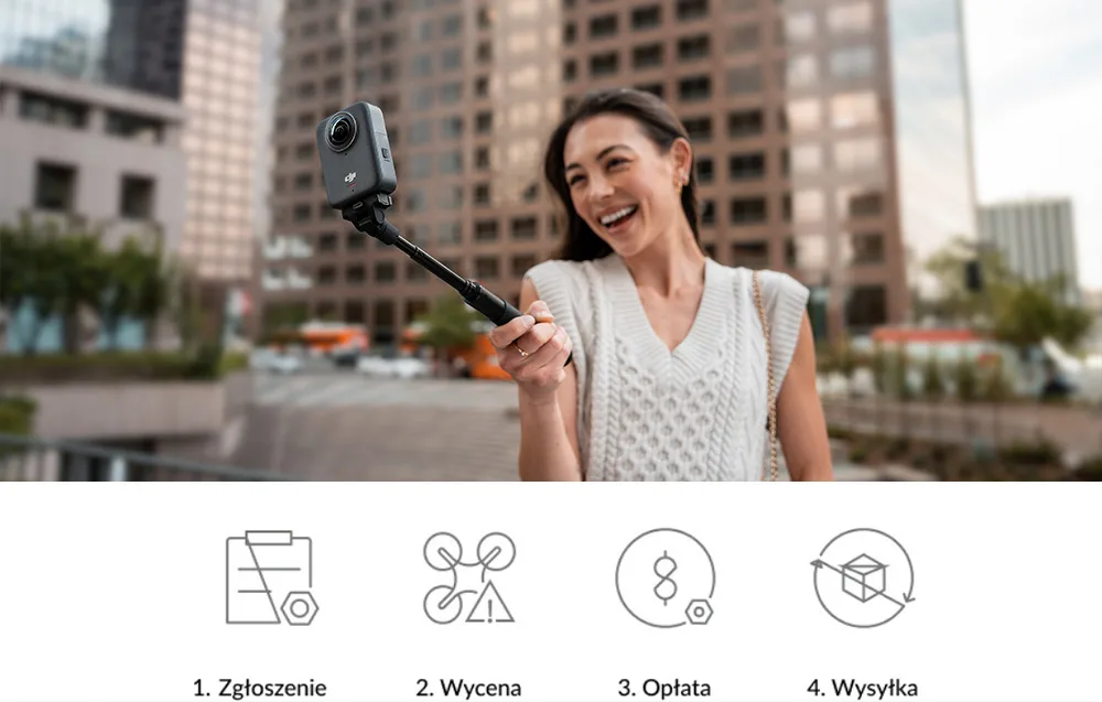 na górze kobieta nagrywająca vloga w mieście, na dole ikony przedstawiające proces zgłodzenia DJI Care Refresh