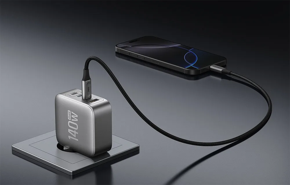 EcoFlow RAPID Pro 140W silver charger charging a smartphone