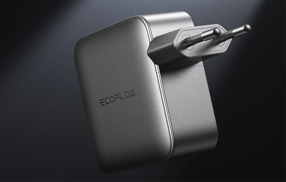 EcoFlow RAPID Pro 140W silver wall charger on a dark background