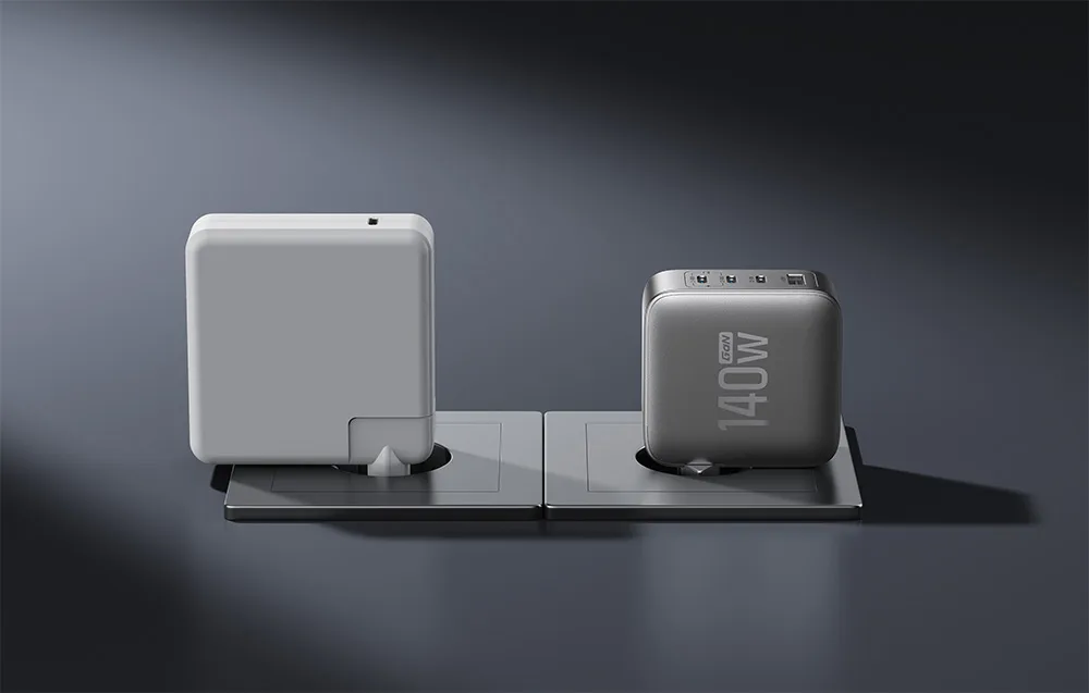 White and silver EcoFlow wall chargers plugged into power outlets side by side