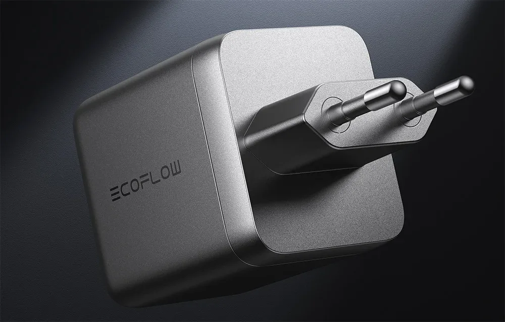 EcoFlow RAPID Pro 100W silver wall charger on a dark background