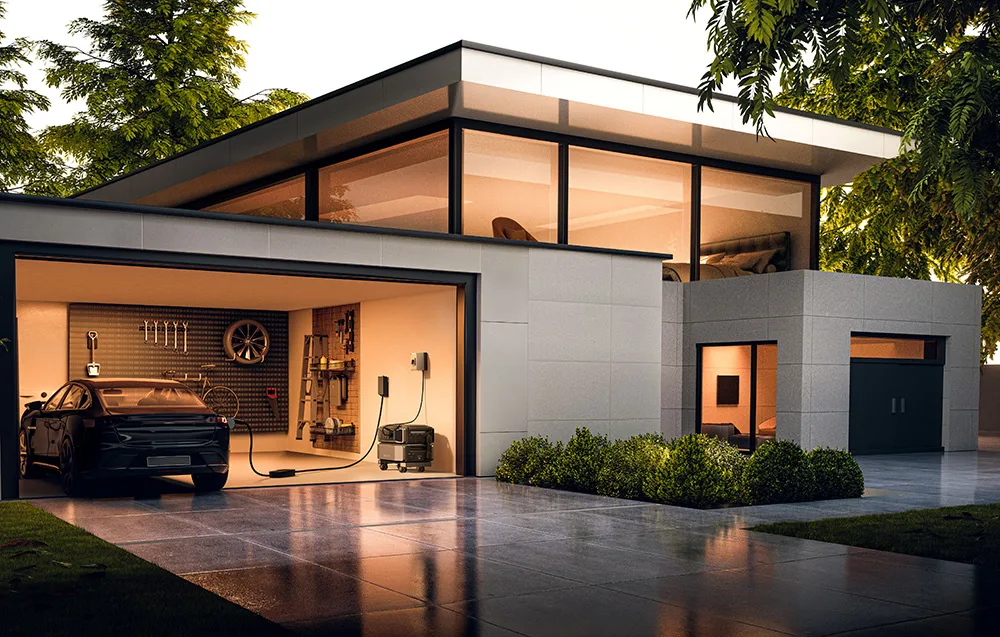 Modern home with EV charger and EcoFlow home energy backup solution