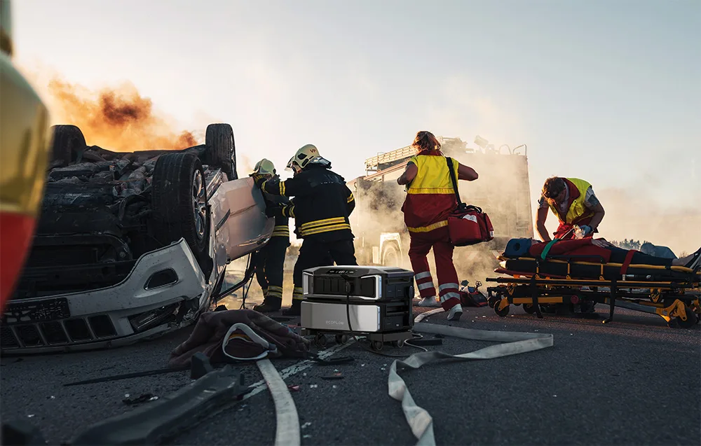 Emergency response team at an accident scene using an EcoFlow portable power solution