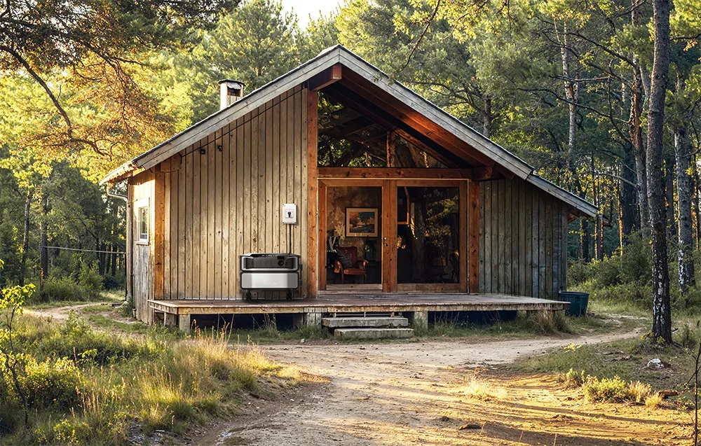 Wooden cabin in the forest with an EcoFlow power station placed on the terrace