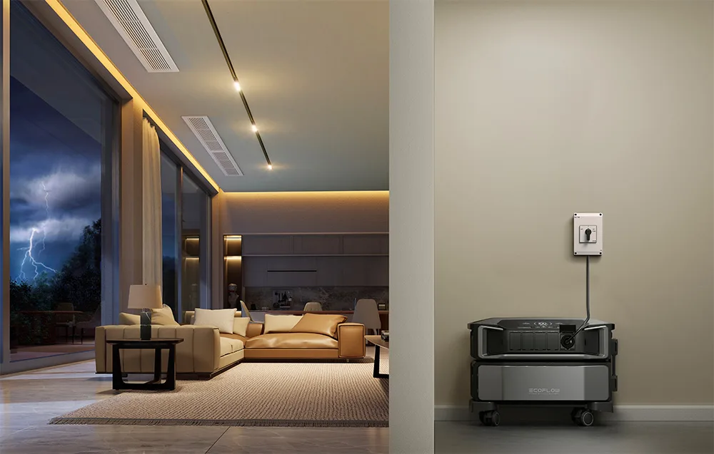 Modern living room with panoramic windows and EcoFlow backup power system placed by the wall during a storm