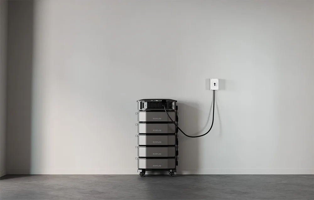 EcoFlow inverter with five connected battery units placed against a gray wall