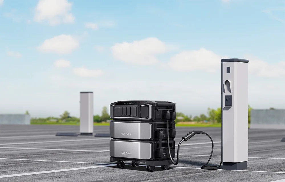 EcoFlow power system charging from an electric vehicle charging station in a large open parking lot