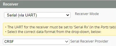 Betaflight Configuration tab with CRSF receiver settings