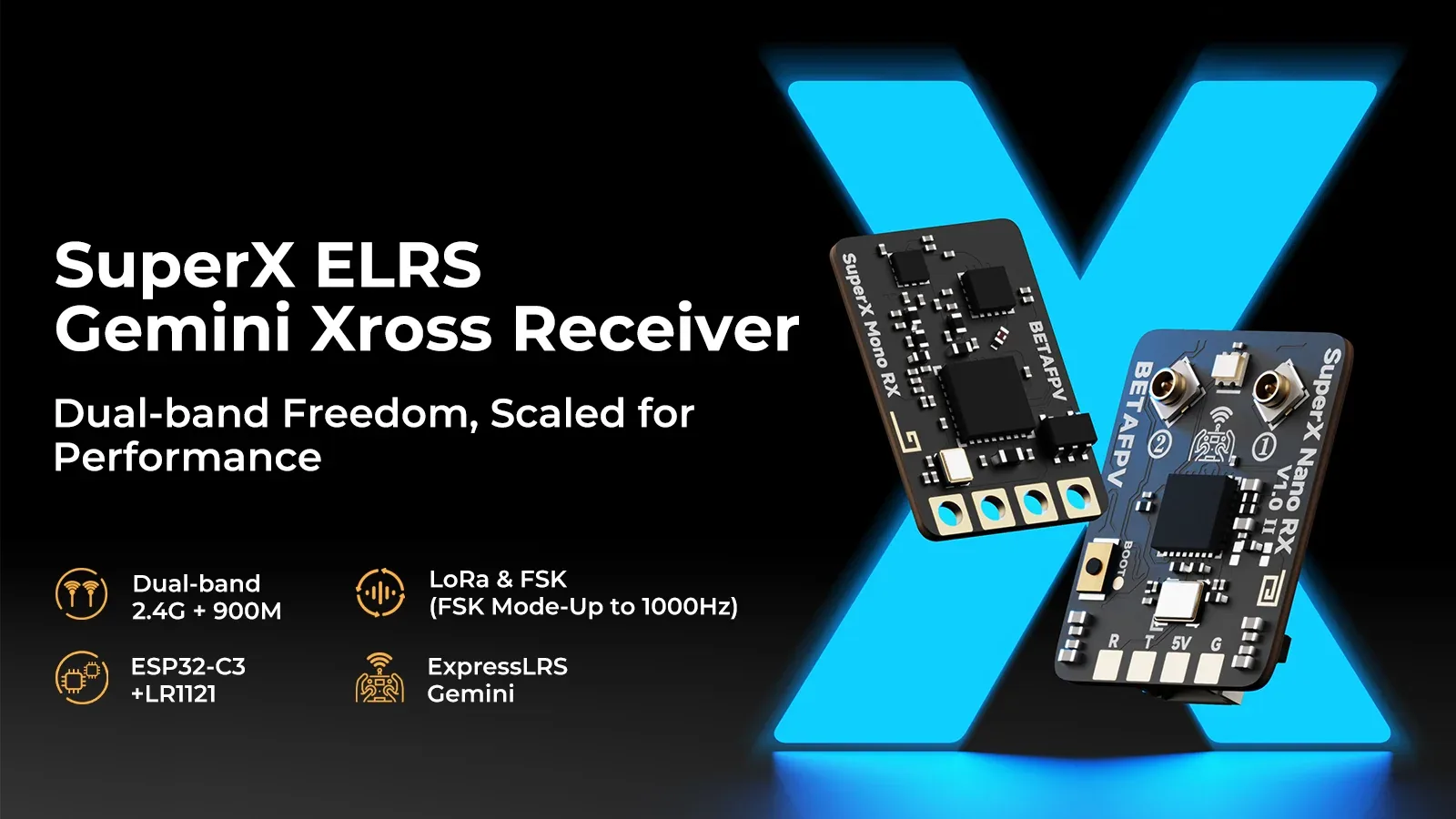 SuperX ELRS Gemini Xross receiver - dual-band freedom for high-performance FPV