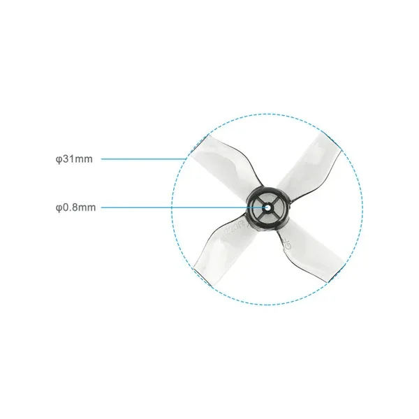 Close-up of BetaFPV 31mm 4-blade micro whoop propellers with 0.8mm shaft