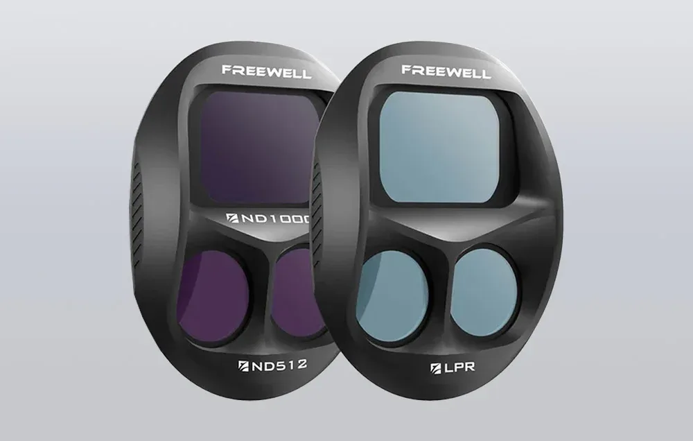Two Freewell drone filters for DJI Mavic 4 Pro on a gray background