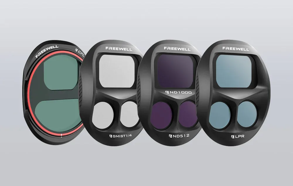 Freewell Everyday filter set for DJI Mavic 4 Pro with four drone filters on a gray background