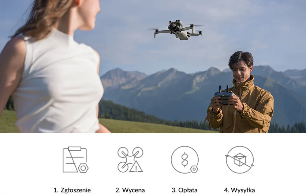 Mężczyzna steruje dronem, a kobieta patrzy na niego w górskim krajobrazie, poniżej cztery ikony z opisem etapów: zgłoszenie, wycena, opłata, wysyłka