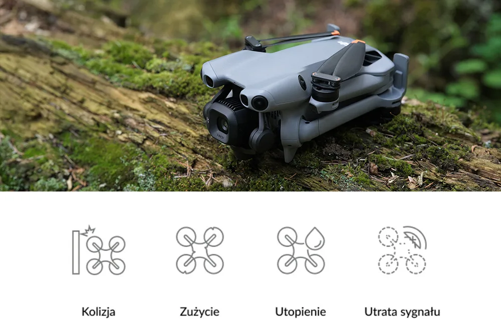 Złożony dron leży na mchu w lesie, poniżej cztery ikony z opisem problemów: kolizja, zużycie, utopienie, utrata sygnału