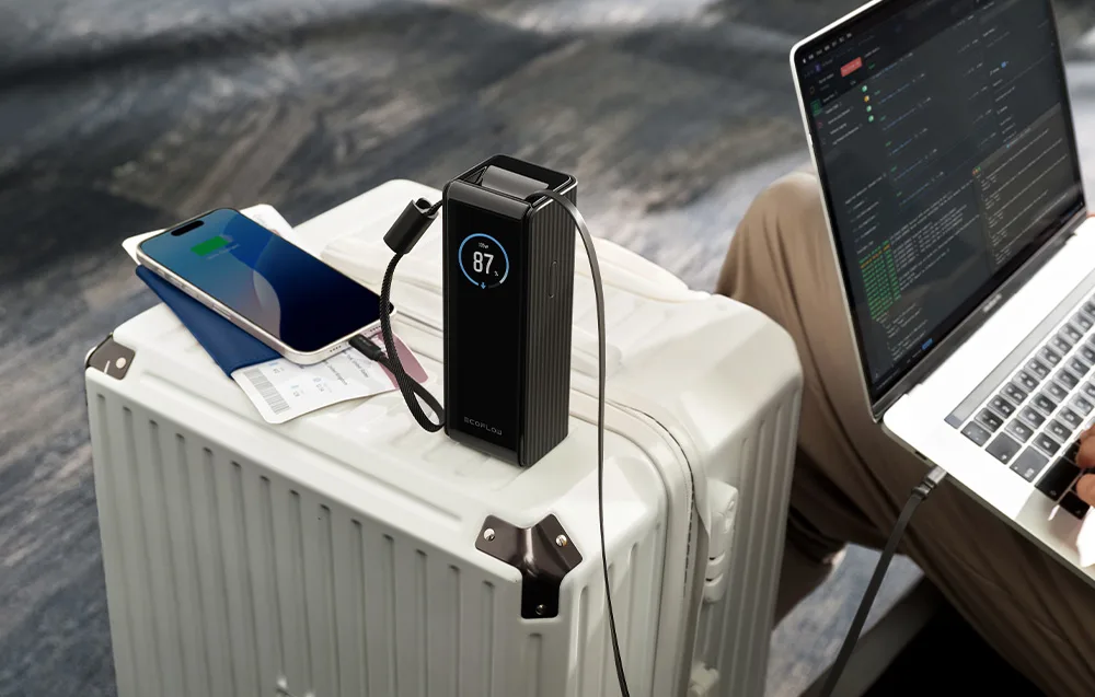 Павербанк EcoFlow з дисплеєм лежить на валізі та підключений до смартфона і ноутбука.