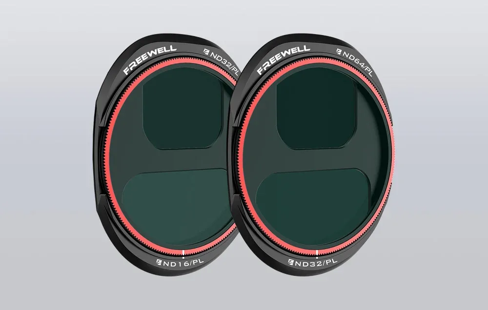 Close-up of FREEWELL ND/PL drone filters for DJI Mavic 4 Pro on a gray background
