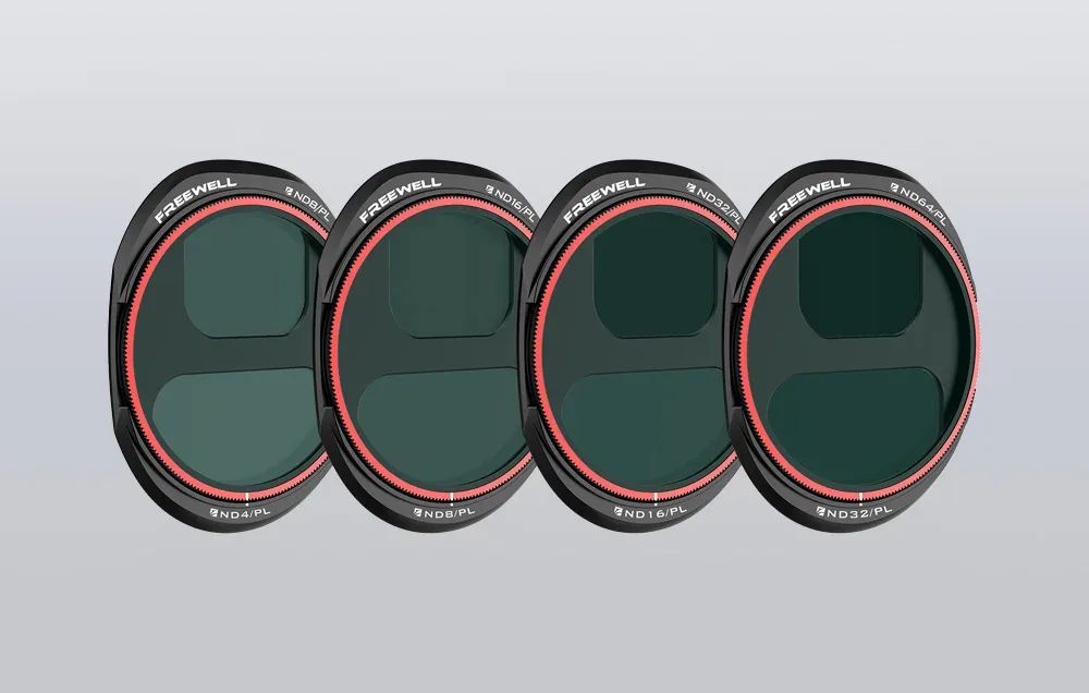 FREEWELL Bright Day ND/PL filter set for DJI Mavic 4 Pro - four drone filters on a gray background