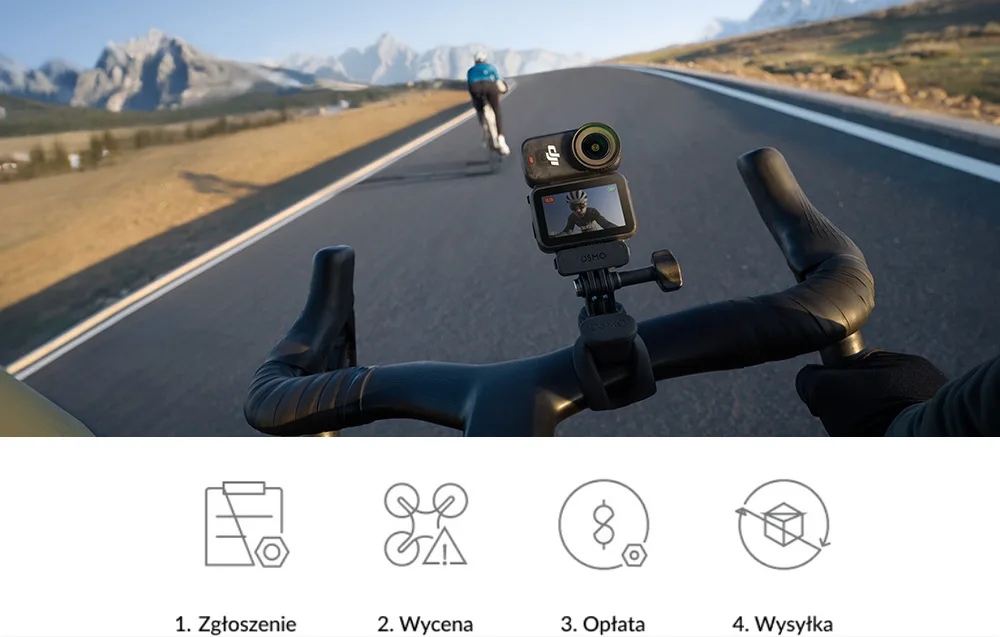 Widok z perspektywy rowerzysty z zamontowaną na kierownicy kamerą DJI Osmo Action Nano i osobą jadącą z przodu; pod spodem ikony i napisy Zgłoszenie, Wycena, Opłata, Wysyłka