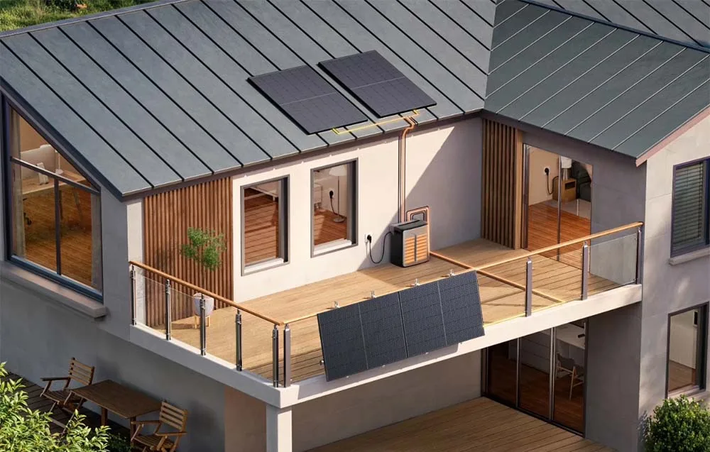 Nowoczesny taras z panelami słonecznymi, balustradą i magazynem energii przy ścianie