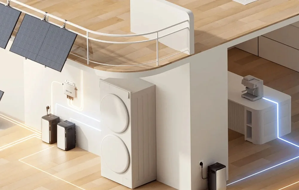 Visualization of an energy storage system with battery units inside a modern two-level home interior