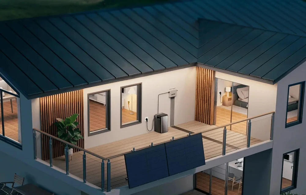 Large balcony with EcoFlow STREAM AC energy storage unit, microinverter, and photovoltaic panels