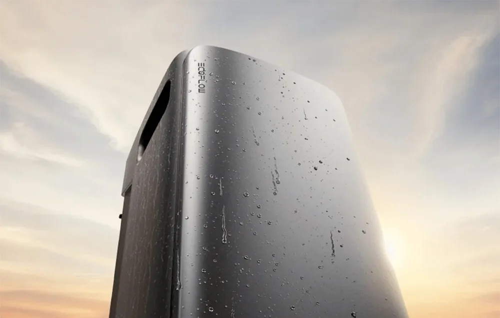 Close-up of the gray EcoFlow STREAM AC housing with water droplets on its surface