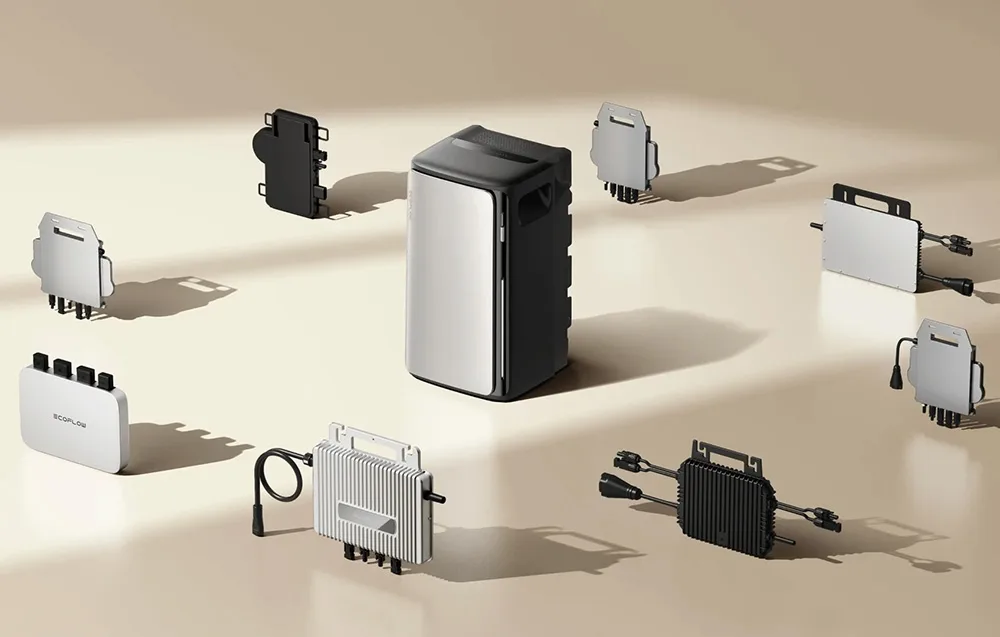 EcoFlow STREAM AC energy storage unit displayed with various microinverters on a beige background