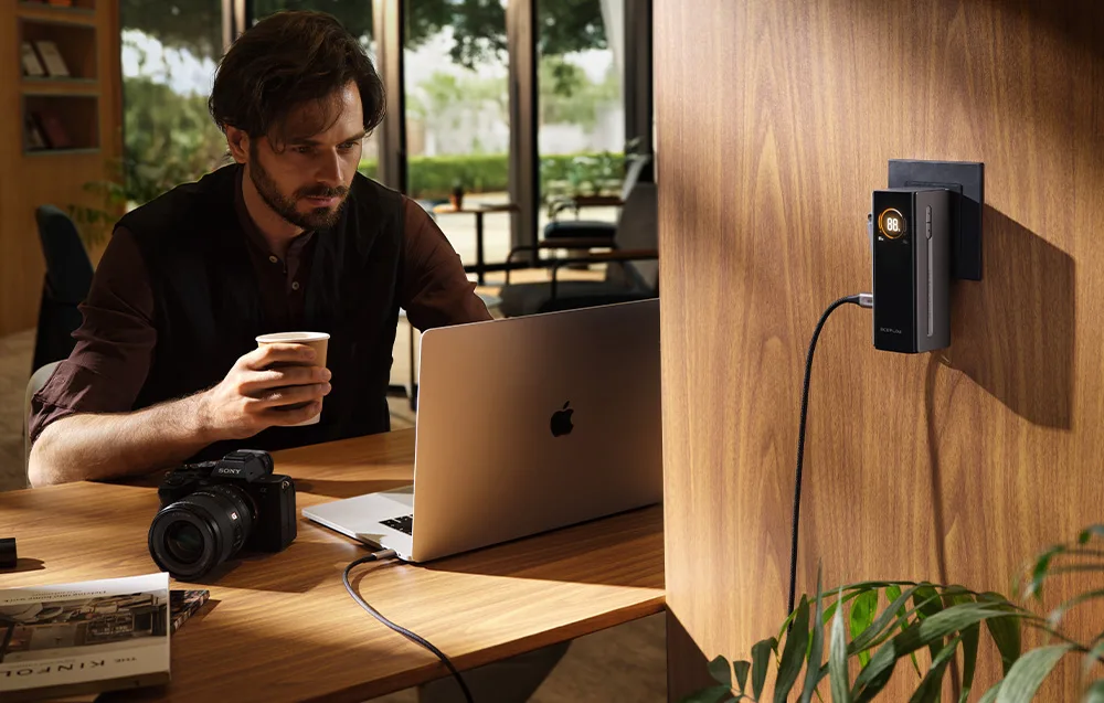 Man working at a desk with a laptop while the EcoFlow power bank is connected to wall power nearby.