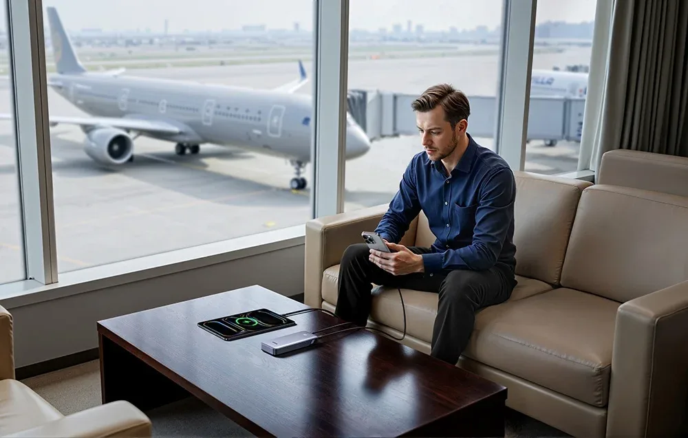 Man sitting in an airport lounge charging a phone with a Ugreen power bank