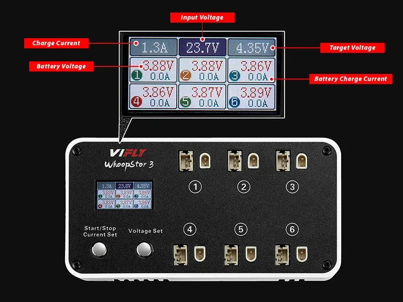 Color LCD screen on the VIFLY WhoopStor 3 charger