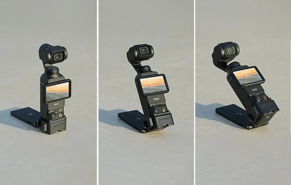 Sunnylife 761V3 magnetic mount adapter for DJI Osmo Pocket 3 shown at different tilt angles with fold-out support