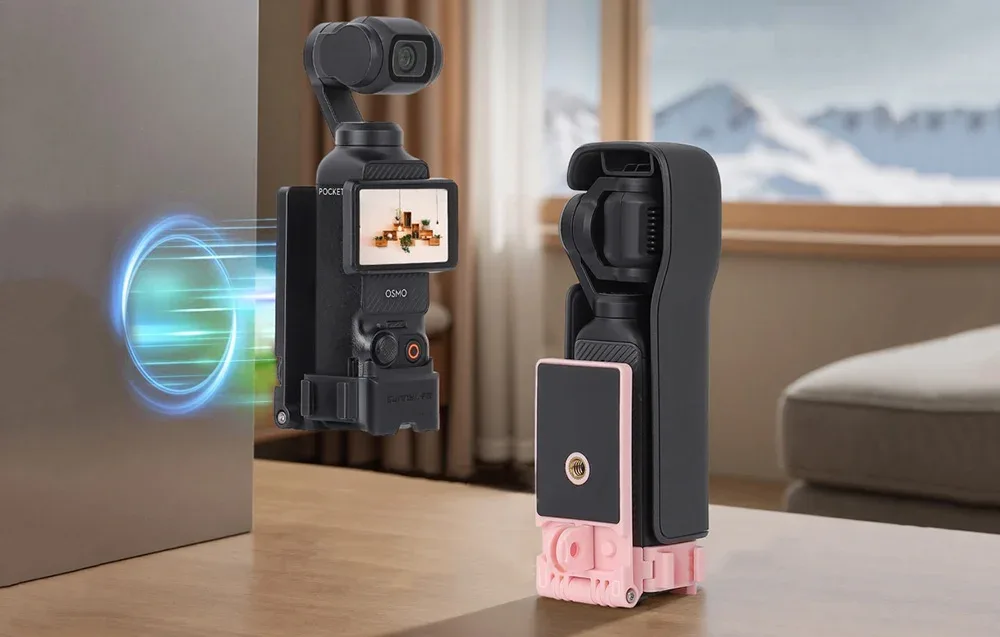 DJI Osmo Pocket 3 mounted magnetically with the Sunnylife 761V3 adapter on a metal surface