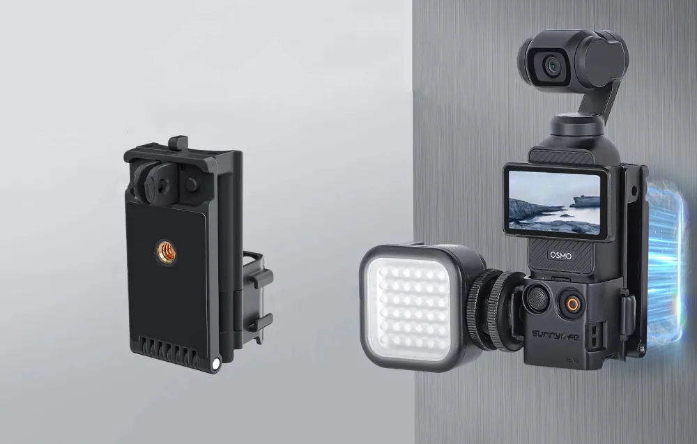 Kamera DJI Pocket z lampą LED zamocowana magnetycznie do metalowej powierzchni obok osobnego uchwytu Sunnylife