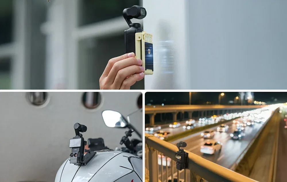 Trzy przykłady użycia magnetycznego uchwytu Sunnylife do kamery DJI Pocket — przyklejonego do ściany, zamontowanego na motocyklu i na barierce drogowej