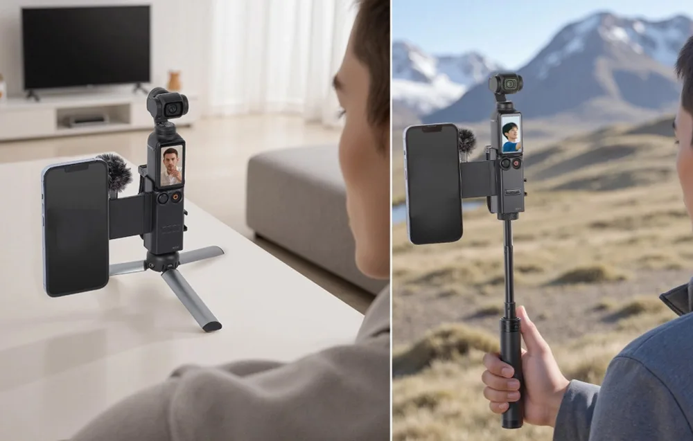 DJI Osmo Pocket 3 з телефоном і мікрофоном на штативі в приміщенні та надворі