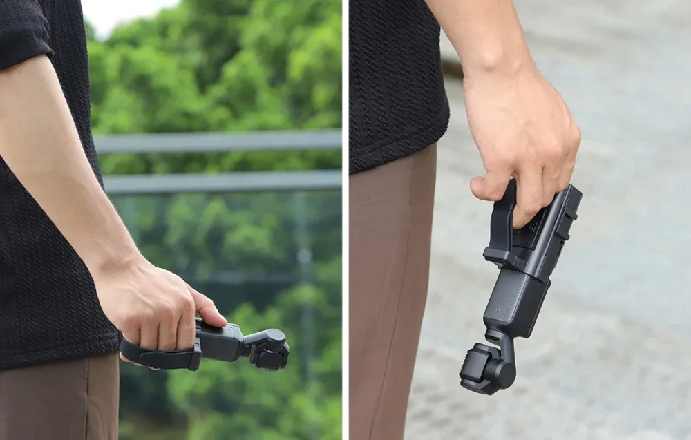 Люди тримають DJI Osmo Pocket 3 із силіконовим ремінцем і тримачем у руці