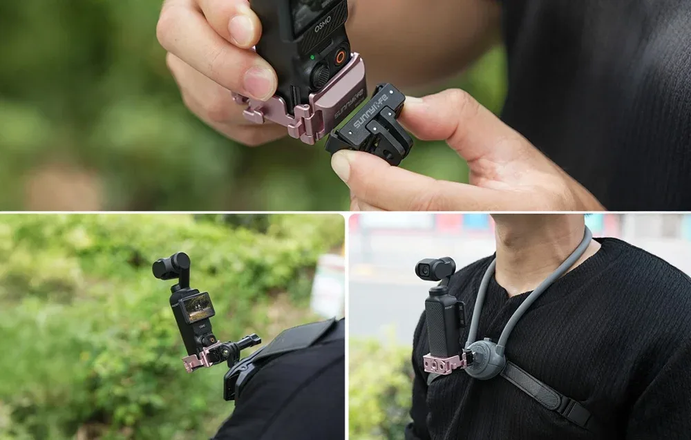 Trzy zdjęcia pokazujące kamerę DJI Pocket w różowym uchwycie montowaną na adapterze oraz zamocowaną do szelek plecaka i uprzęży na klatce piersiowej